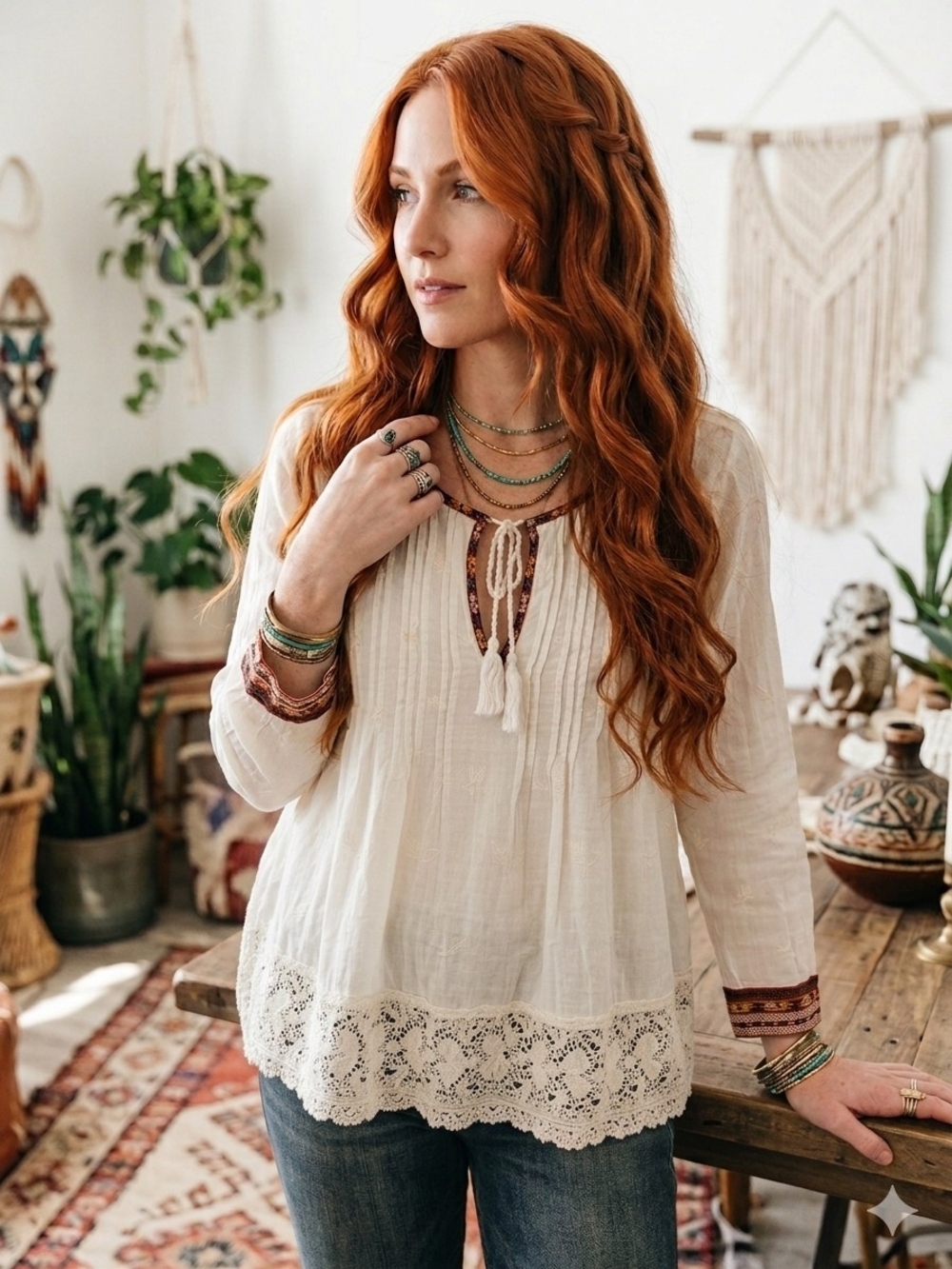 Joie Cream Lace-Trim Peasant Tunic Top